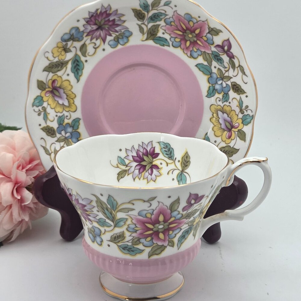 Vintage Royal Albert Pink and Floral Jacobean Tea Cup and Saucer Set